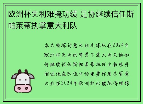 欧洲杯失利难掩功绩 足协继续信任斯帕莱蒂执掌意大利队